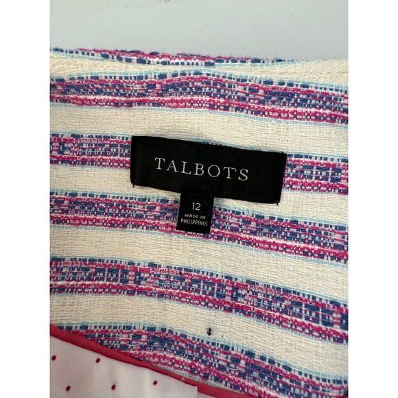 Talbots Pink Blue Striped Tweed Collarless Open Front Jacket Blazer Womens 12 - Picture 3 of 10